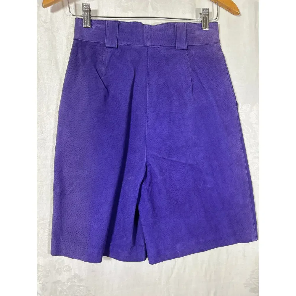 Vintage San Remo Leather Shorts 8 Purple Pleated Long Mom Lined Pebbled Suede